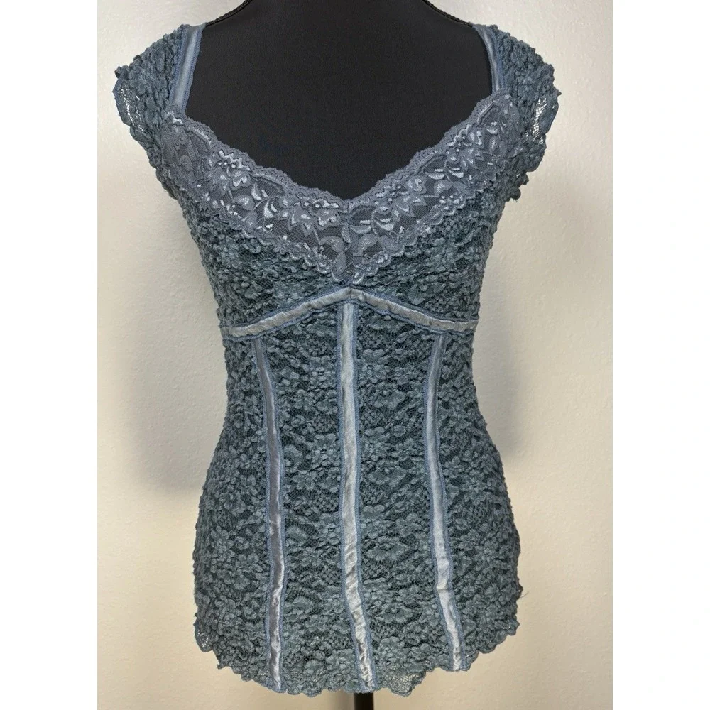 Vtg Y2K Ann Ferriday Lace‎ Stretch Corset Top Fairy Romantic Blue M Whimsigoth - Picture 2 of 11
